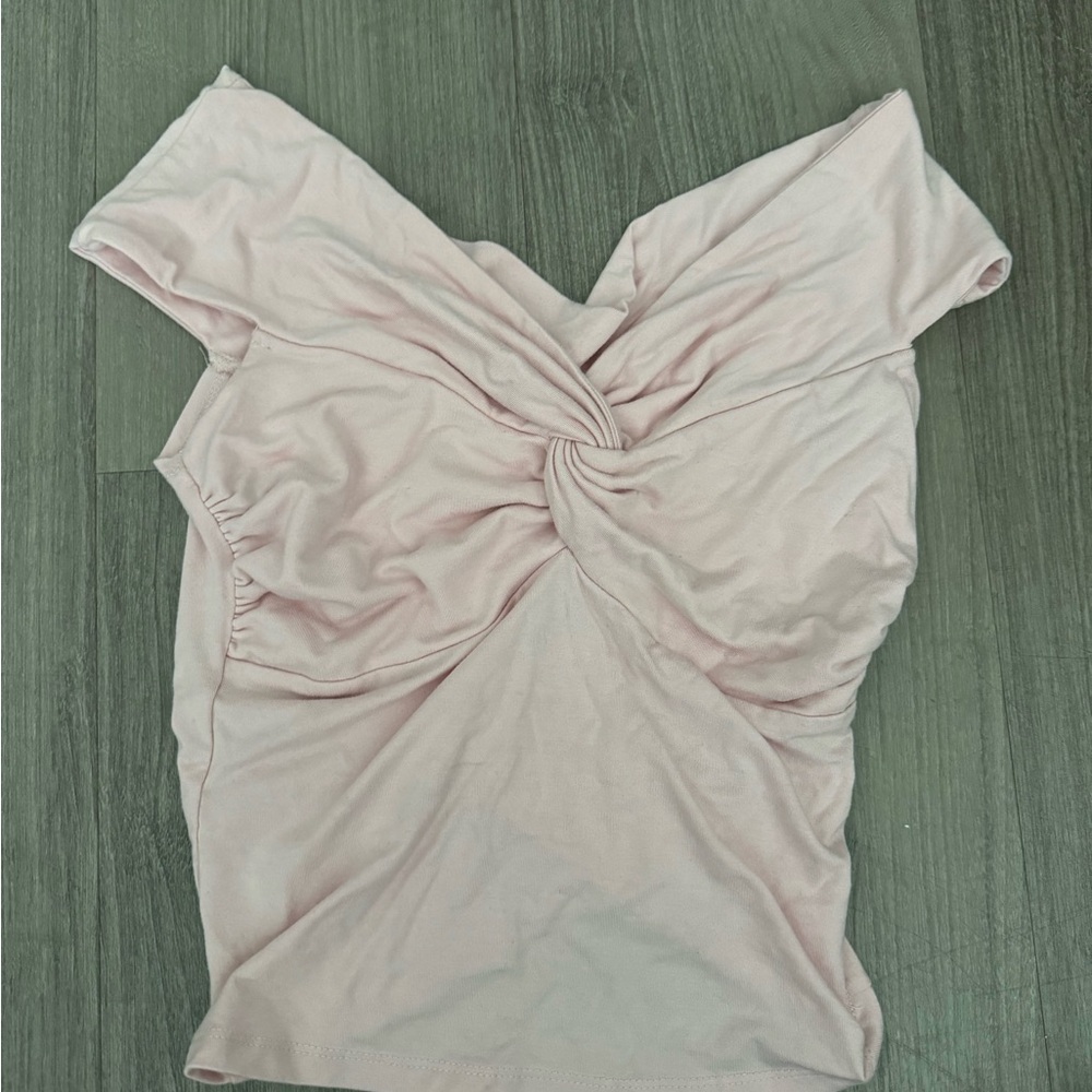 Garage Pale Pink Twist-Front Off-Shoulder Crop Top